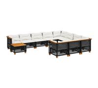 Qnhdfrt Set Salotto da Giardino 11 Pezzi Divano Modulare Rattan Nero | Salotto componibile per patio e terrazzo con tavolo in legno di acacia e cuscini sfoderabili a spessore elevato.