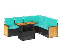 Qnhdfrt Set Salotto da Giardino 7pz in Polyrattan e Legno Acacia Nero | Divano componibile modulare per terrazzo e patio con vano portaoggetti integrato sotto la seduta e cuscini blu.