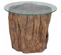 Qnhdfrt Tavolino da Salotto Rotondo Vetro e Legno di Teak 50x40 cm | Complemento d'arredo per il soggiorno con base in vero tronco e superficie in vetro per tazze e vasi.