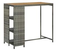 Qnhdfrt Tavolo da bar con scaffalatura, grigio, in rattan sintetico, telaio in acciaio, in legno di acacia, 120 x 60 x 110 cm, per casa, giardino, bar, ristorante