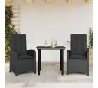 Qnhdfrt Tavolo da pranzo da giardino 3 TLG nero PE rattan con cuscino e tavolo in vetro schienale regolabile per esterni, per terrazza, giardino e balcone