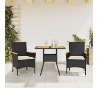 Qnhdfrt Tavolo da pranzo da giardino 3 TLG nero polyrattan con cuscino in legno di acacia tavolo e 2 sedie per terrazza balcone giardino