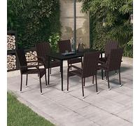 Qnhdfrt Tavolo da pranzo da giardino 7 cucchiaini marrone nero tavolo da pranzo con 6 sedie in rattan PE e vetro piano per giardino, balcone terrazza