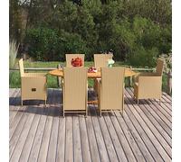 Qnhdfrt Tavolo da pranzo da giardino, 7 pezzi, in legno di acacia, con 6 sedie in rattan PE, beige, per esterni, terrazza, giardino e balcone