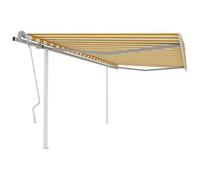 Qnhdfrt Tenda da sole indipendente retrattile manuale con pali 4,5 x 3 m, giallo e bianco, resistente ai raggi UV, protezione solare per terrazza, balcone e giardino