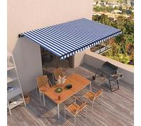 Qnhdfrt Tenda da sole retrattile manuale 500 x 350 cm blu bianco per balcone terrazza giardino con telaio in alluminio verniciato a polvere e tessuto in poliestere ad alta densità per ombreggiatura