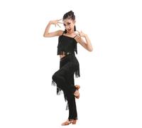 Qodpxxi Costume Da Ballo For Bambina Con Frange, Top Corto E Pantaloni, 2 Pezzi, Salsa, Tango, Nappa, Vestito Da Ballo Latino, Costumi Da Competizione (Color : Black, Size : 120cm)