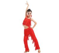 Qodpxxi Costume Da Ballo For Bambina Con Frange, Top Corto E Pantaloni, 2 Pezzi, Salsa, Tango, Nappa, Vestito Da Ballo Latino, Costumi Da Competizione (Color : Red, Size : 140cm)