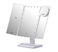 Qoekacy Specchio da trucco a tre persiane con 22 luci LED, ingrandimento 10X/3X/2X specchio cosmetico da tavolo illuminato portatile, bianco