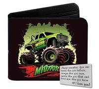 Qoibraze Portafoglio per bambini a due volte per ragazzi 6-8 9-12 12-14, grazioso portafoglio in pelle con tasca per monete e porta contanti e carte, Monster Truck-verde