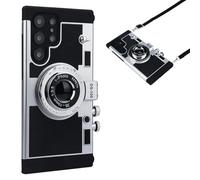 QoKcoahn Custodia per fotocamera compatibile con Samsung Galaxy S25, Kawaii 3D Cartoon Vintage fotocamera con cordino lungo in silicone PC Crossbody custodia per telefono antiurto nera