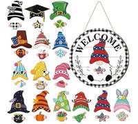 qokeeu Wichtel - Targhetta di benvenuto intercambiabile, 30 pezzi, decorazione a forma di nani intercambiabili, con pezzi magnetici e cappelli rimovibili, 30 cm, per porta di casa, decorazione da