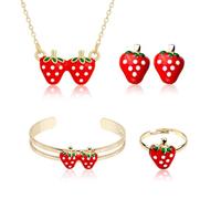 Qoncosy Set di 4 pezzi con collana, braccialetto, orecchini e anello a forma di fragola, placcati in oro, gioielli da donna, delicati accessori a fragola