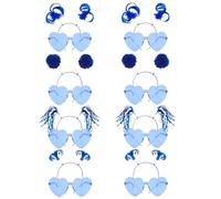 Qoncosy Set di fasce per capelli con pompon, piume finte blu e fasce avvolte con occhiali da sole a cuore, accessori per feste e spirito di squadra (blu)