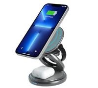 Qoosea 360° Rotante Wireless Charger 3 In 1 Pieghevole Stazione di Ricarica Wireless Magnetica Travel Charger Compatibile con iPhone 16/15/14/13/12 Series, per iWatch Series, per Pods 3/2/Pro