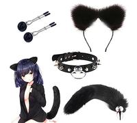 Qoosea 4 Pezzi Plug Anale con Coda di Volpe in Acciaio Inossidabile, Masturbatore Set Morsetti per Capezzoli + Collare + Orecchie di Gatto SM Butt Plug Giocattolo del Sesso per Coppie Cosplay
