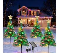 Qoosea Albero di Natale Luci Solare da Giardino, 4 Pezzi 8 Modalità Lampade Solari Alberi di Natale con 80LED Fiocco di Neve, Ricarica USB e Solare Luci Decorazioni per Feste Giardino Esterno