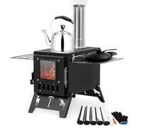 qorkhogr Stufa a legna, pieghevole, portatile, da campeggio, con 5 tubi per camini, per campeggio, cucina, riscaldamento, barbecue, escursionismo, pesca, caccia, colore nero