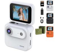Qosneoun Action Camera Multifunzionale Flip Screen 4K Action Camera con Flip Screen per Vlogging, 143° Grandangolare POV Camera con Anti-Shake, WiFi & Batteria 800mAh, Mini Sport Cam (Bianco)