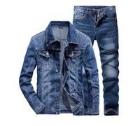 QOUERUUE Completo da Uomo con Pantaloni Giacca In Denim A Maniche Lunghe e Jeans Vestibilità Slim Casual Primaverile 2 Pezzi,Blue 1,M