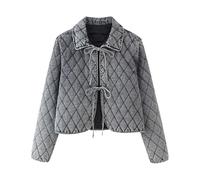 QOUERUUE Giacca in denim di cotone trapuntata da donna a maniche lunghe, con fiocco anteriore, giacca corta in jeans, giacche autunnali gonfie,Blu,M