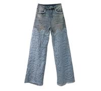 QOUERUUE Jeans per le donne Patchwork fiore pizzo perla gamba dritta pantaloni denim pantaloni casual a vita alta,Blu,M