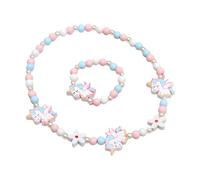 QOWIJEX 1 Set Braccialetti Bambina Collana Bambini Ragazze Legno Gioielli Set Perline Unicorno Collana e Bracciale Regalo per Ragazze Festa di Compleanno Dress Up Accessori Costume