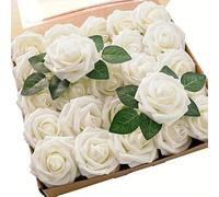 QOXEZY Confezione da 25 rose artificiali in schiuma per composizioni floreali, rose realistiche in viola, blu, lavanda, blu navy e bianco, include 8 foglie bonus (bianco)