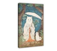 QOYVG Stampa artistica su tela con gatti bianchi che piovono e giardino giapponese, stile vintage, decorazione per camera da letto, 50 x 75 cm