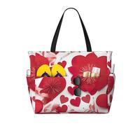 QPIPGER Borsa da viaggio per la spiaggia con stampa di fiori e cuori di San Valentino per le donne impermeabile a prova di sabbia borsa tote con tasche con cerniera