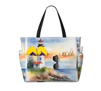 QPIPGER Grande borsa da viaggio da spiaggia con stampa faro, da donna, impermeabile, a prova di sabbia, con tasche con cerniera