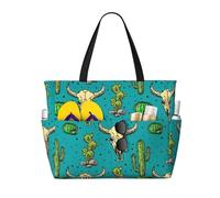 QPIPGER Simpatica borsa da viaggio con stampa di cactus e teschio di toro, grande borsa da viaggio da spiaggia da donna, impermeabile, a prova di sabbia, con tasche con cerniera