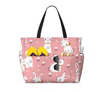 QPIPGER Simpatica borsa da viaggio da spiaggia con stampa di coniglio bianco per le donne impermeabile a prova di sabbia borsa tote con tasche con cerniera