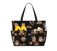 QPIPGER Simpatica borsa da viaggio da spiaggia con stampa di gufi marroni in stile cartone animato, da donna, impermeabile, a prova di sabbia, con tasche con cerniera