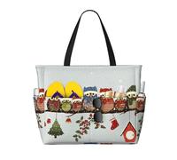 QPIPGER Simpatica borsa da viaggio da spiaggia con stampa di gufi natalizi su ramo, da donna, impermeabile, a prova di sabbia, con tasche con cerniera
