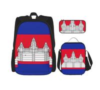 QPIPGER Zaino casual con stampa della bandiera della Cambogia con portapranzo termico e astuccio per matite, borsa Oxford 3 in 1