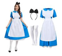 QPLGTU Vestito da principessa per donna, costume da fata per Halloween | Costume da fiaba blu con abito classico e grembiule bianco, personaggio da libro di fiabe, per Halloween e cosplay