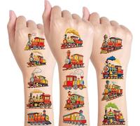 Qpout 10 fogli di tatuaggi temporanei per feste di compleanno per bambini, adesivi a tema ferrovia a vapore, premi in classe, premi di carnevale, decorazioni vintage in stile cartone animato, regali