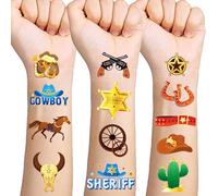 Qpout 120 pz Glitter Oro Cowboy Tatuaggi Temporanei Western Foil Cavallo Rodeo Yeehaw cappelli Stivali Viso Tatuaggi Finti, Ragazzi Cowboy Artigianato Western Party Tatuaggi Temporanei Cavallo Sticker