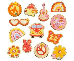 Qpout 13 Pezzi Hippie Retrò Ciniglia Ferro Su Toppe Groovy Boho Segno di Pace Ricamato Riparazione Decoractive Toppe per Abbigliamento Zaino Giacche Jeans Camicia FAI DA TE Decorazioni
