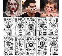 Qpout 130+ design Tatuaggi temporanei pirata, adesivi per tatuaggi pirata vichingo neri adesivi per ragazze Ragazzi Kids Bag Bag Filler Regalo di compleanno per bambini Articoli per feste pirata