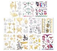 Qpout 150pcs Tatuaggi Temporanei metallici per le donne ragazze, nastro d'oro glitter design tatuaggio, gioielli totem tribale farfalla fiore piuma acqua tatuaggio, faccia braccio decorazione