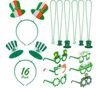 Qpout 16 pièces Ensemble d’accessoires de la Saint-Patrick, 6 Collier Shamrock, 6 cadres de lunettes de décoration, 4 Bandeaux pour Enfants Femmes Hommes Décoration de Costumes de fête