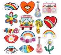 Qpout 16 Pz Psichedelico Hippie Ferro Su Toppe, Colorato Trippy Vintage Ricamato Riparazione Decoractive Patch Kit Per Cucire Su Abbigliamento Zaino Giacche Jeans Cappelli Camicia