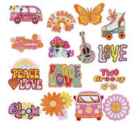 Qpout 17 Pezzi Hippie Patch Ferro Su Patch Vintage Groovy Boho Segno di Pace Ricamato Riparazione Decoractive Patch Kit per Cucire Su Abbigliamento Zaino Giacche Jeans Camicia FAI DA TE