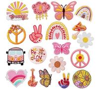 Qpout 19 pezzi Hippie Patches Ferro su patch vintage Groovy Boho Peace Sign Preppy ricamato riparazione Patch decorative per abbigliamento Zaino Giacche Jeans Camicia fai da te Decorazioni