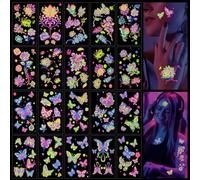 Qpout 20 Fogli Bagliore Nel UV Neon Tatuaggi Temporanei Farfalla Fiori Fluorescenza UV Flash Falso Tatuaggio Adesivi per Le Donne Ragazze Viso Body Art Rave Festival Festa Danzante Decorazioni