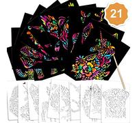 Qpout 21 Pezzi Set di Immagini per Raschietto per Bambini, 10 Carta da grattare 10 Animali Che stampano Stencil 1 Penna di Legno per Ragazzi Ragazze Artigianato Pittura Regalo Accessori per Pittura