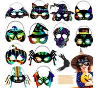 Qpout 24 pezzi Halloween arcobaleno graffio carta maschera, Halloween Magic Rainbow Scratch Paper Mask Kit, arcobaleno gratta carta Off Cards con stilo in legno e nastri
