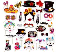 Qpout 30Pcs Dia de Los Muertos Photo Booth Puntelli, Messicano Giorno dei Morti Zucchero Teschio Maschere Selfie Puntelli per Cinco de Mayo Halloween Fiesta Party Forniture Bomboniere